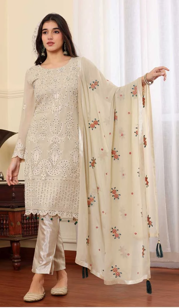 Georgette Embroidered Party Wear Salwar Suit In Beige - 9414187152