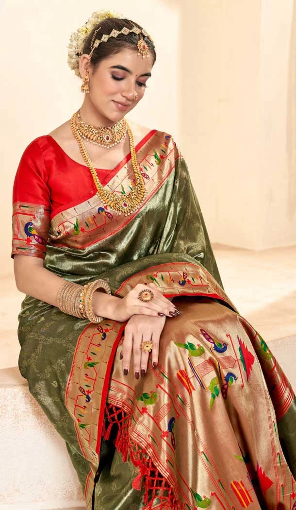 Green Tissue Silk Gold Zari Work Traditional Designer Wear Saree - 9425187199