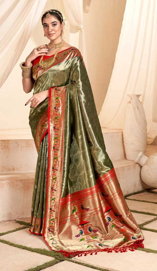 Green Tissue Silk Gold Zari Work Traditional Designer Wear Saree - 9425187199