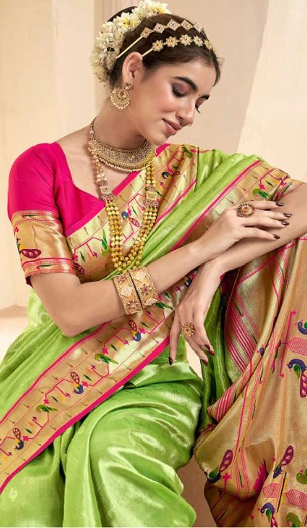 Light Green Tissue Silk Gold Zari Work Traditional Designer Wear Saree - 9425187200