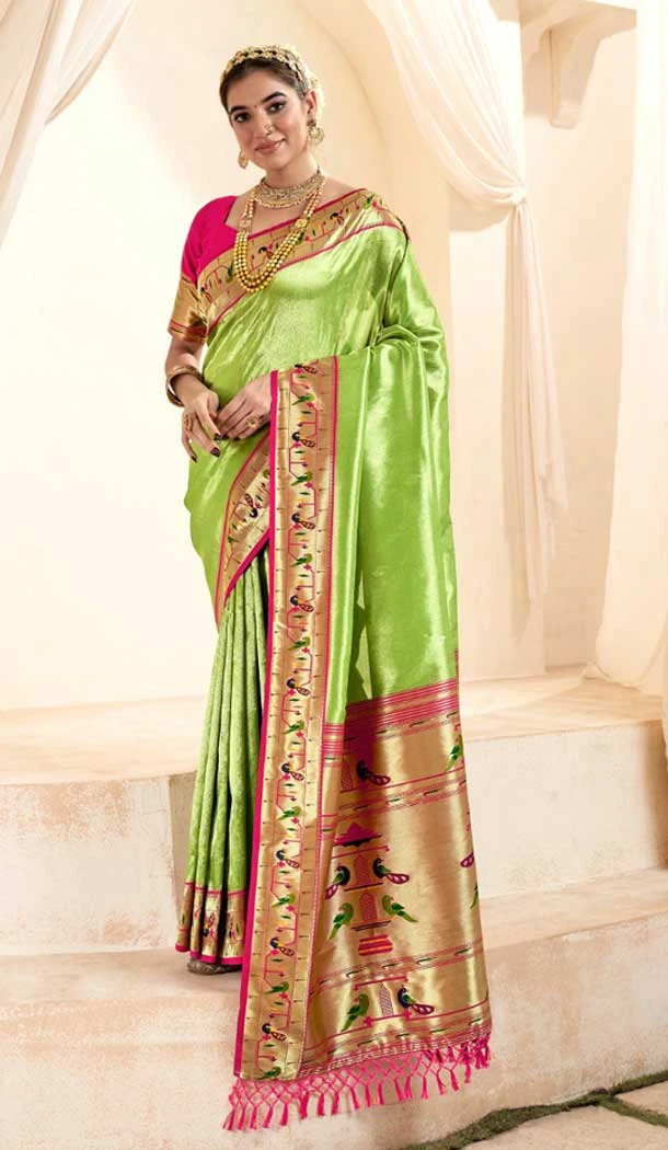Light Green Tissue Silk Gold Zari Work Traditional Designer Wear Saree - 9425187200