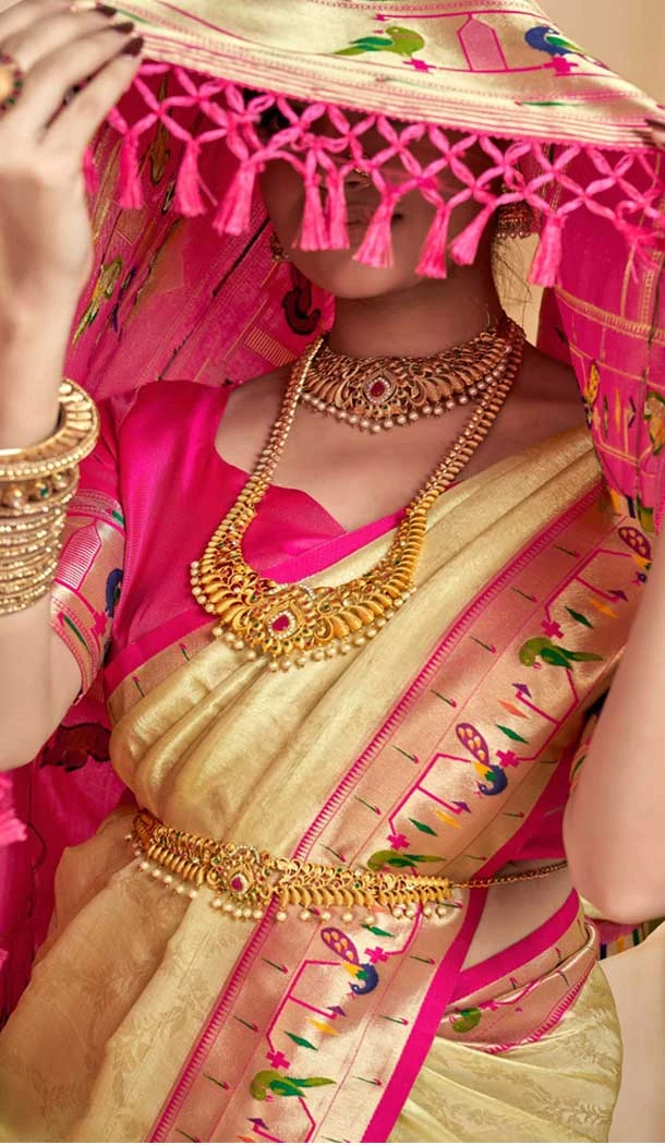 Cream Tissue Silk Gold Zari Work Traditional Designer Wear Saree - 9425187201