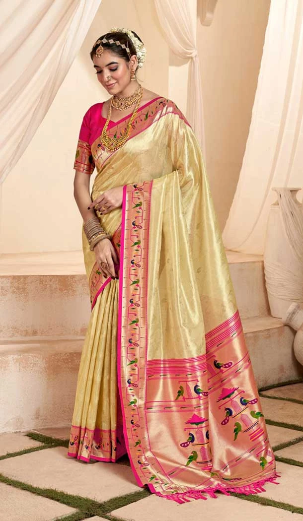 Cream Tissue Silk Gold Zari Work Traditional Designer Wear Saree - 9425187201