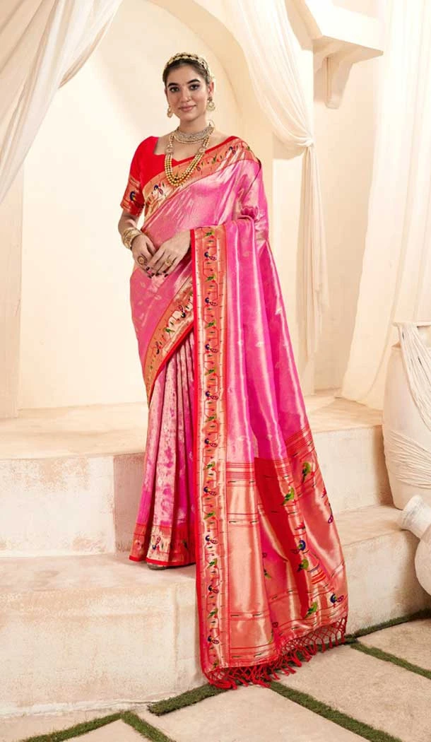 Pink Tissue Silk Gold Zari Work Traditional Designer Wear Saree - 9425187202