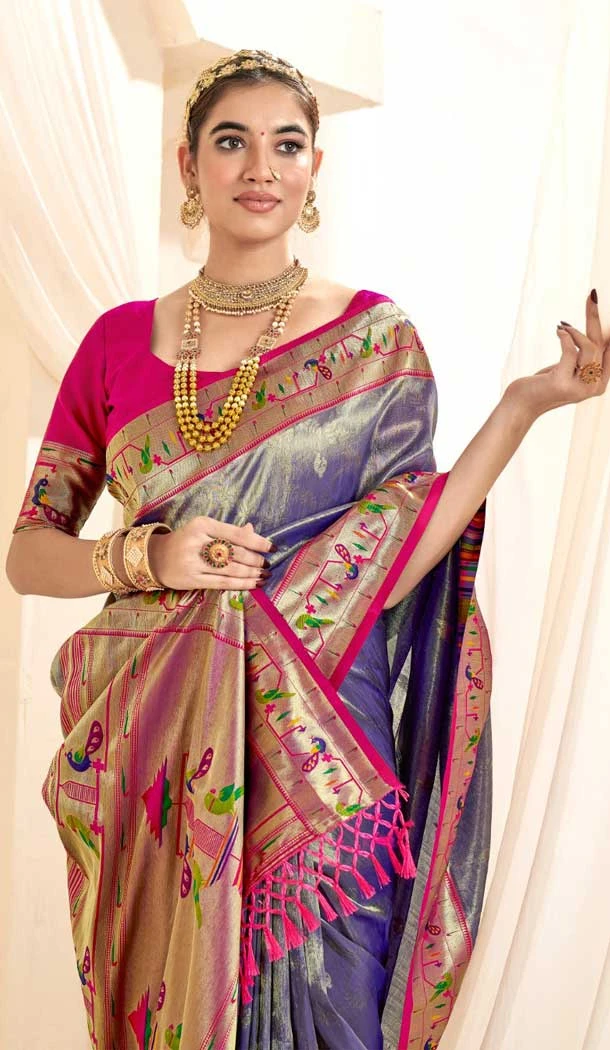 Blue Tissue Silk Gold Zari Work Traditional Designer Wear Saree - 9425187204