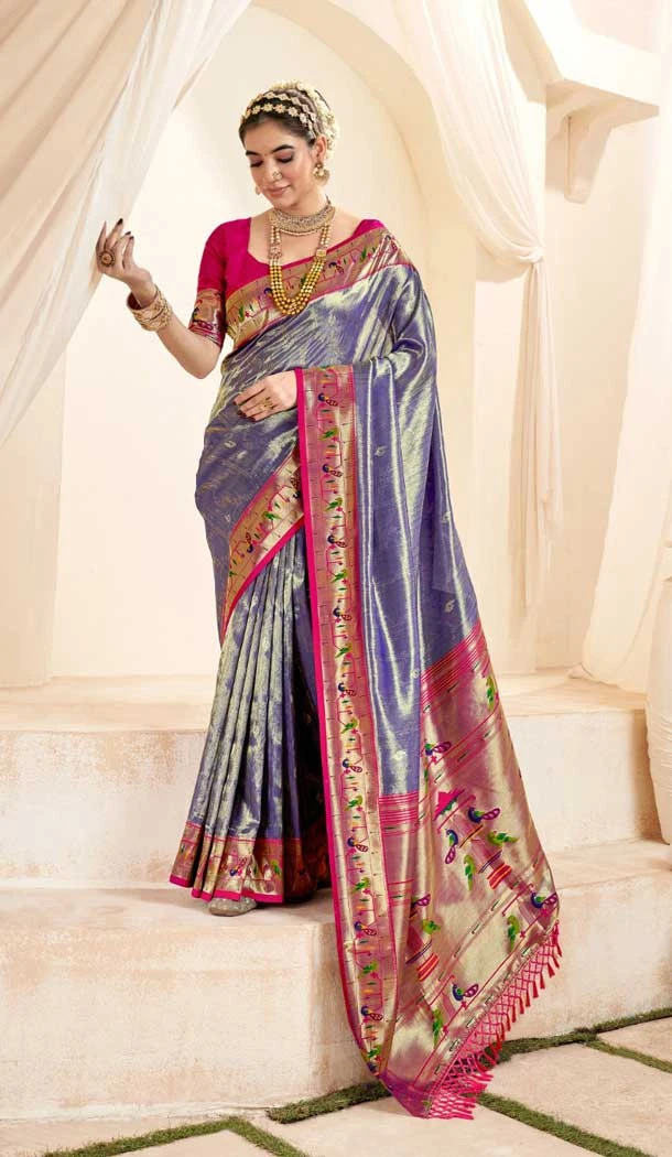 Blue Tissue Silk Gold Zari Work Traditional Designer Wear Saree - 9425187204