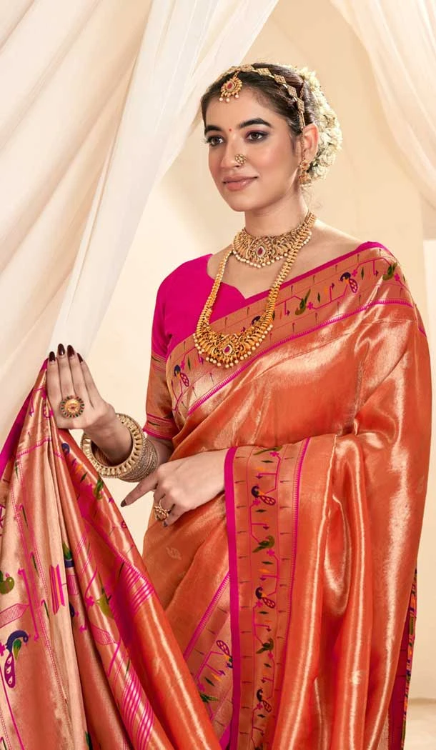 Peach Tissue Silk Gold Zari Work Traditional Designer Wear Saree - 9425187205