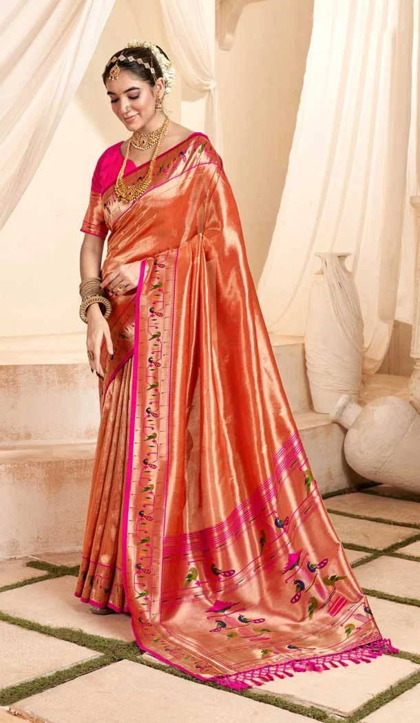 Peach Tissue Silk Gold Zari Work Traditional Designer Wear Saree - 9425187205