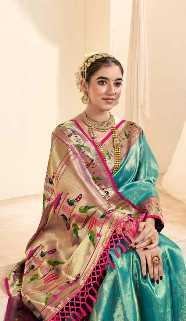 Sky Blue Tissue Silk Gold Zari Work Traditional Designer Wear Saree - 9425187206