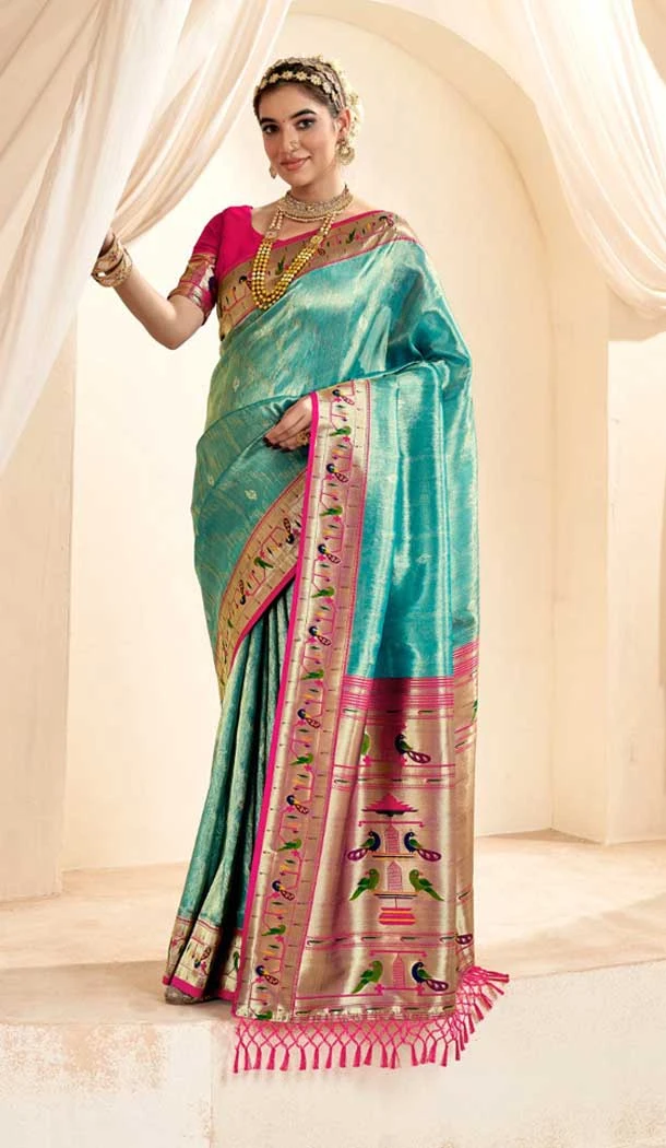 Sky Blue Tissue Silk Gold Zari Work Traditional Designer Wear Saree - 9425187206