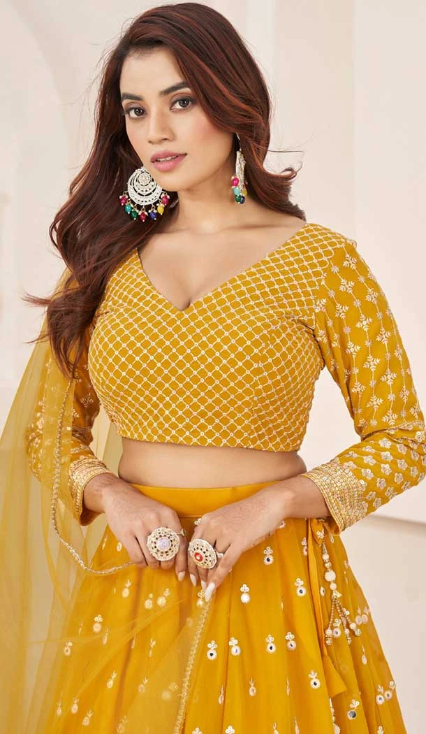 Georgette Embroidery Work Party Wear Lehenga Choli In Yellow - 9426187210