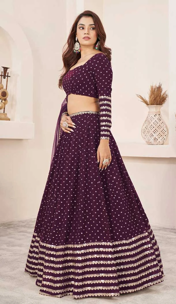 Wine Georgette Embroidery Work Party Wear Lehenga Choli - 9426187211