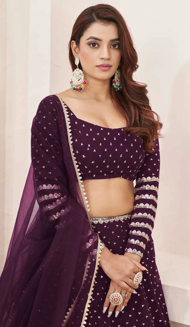 Wine Georgette Embroidery Work Party Wear Lehenga Choli - 9426187211
