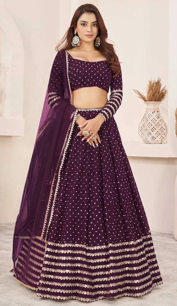 Wine Georgette Embroidery Work Party Wear Lehenga Choli - 9426187211