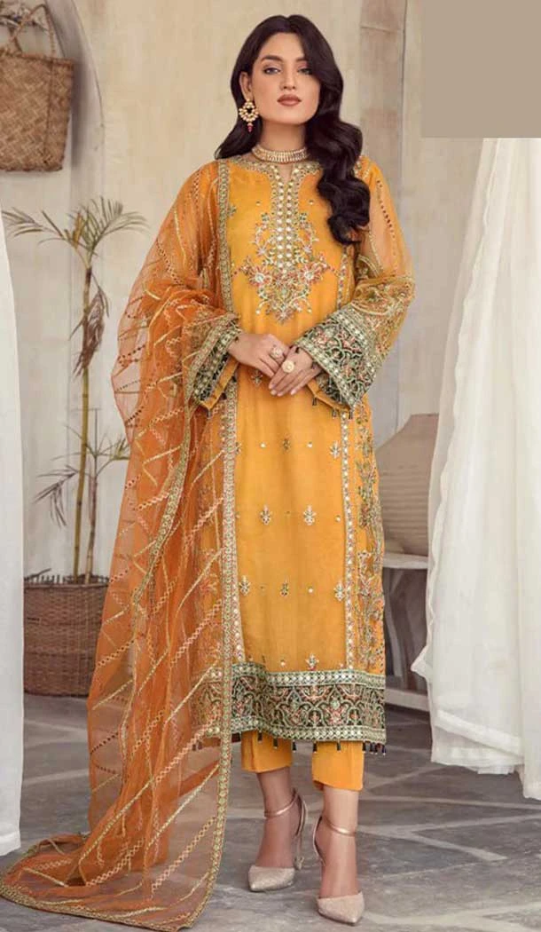 Mustard Color Organza Embroidered Pakistani Style Salwar Kameez - 9427187212