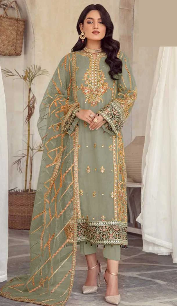 Sea Green Organza Embroidered Pakistani Style Salwar Kameez - 9427187215