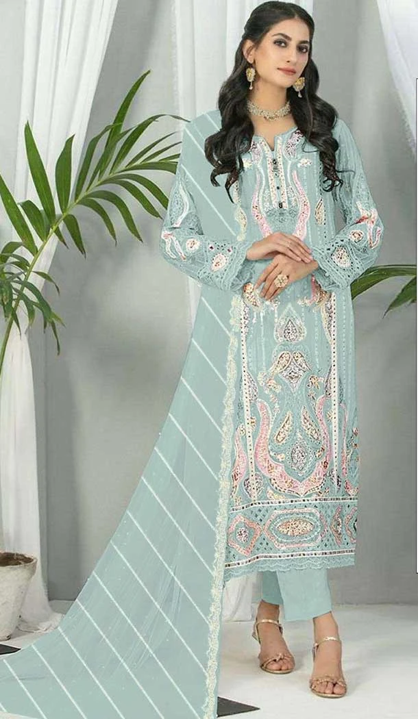 Fox Georgette Embroidered Pakistani Style Salwar Suit In Sky Blue - 9429187223