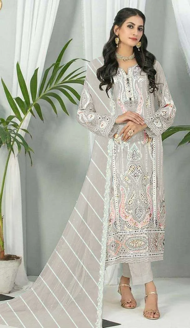 Fox Georgette Embroidered Pakistani Style Salwar Suit In Grey - 9429187224
