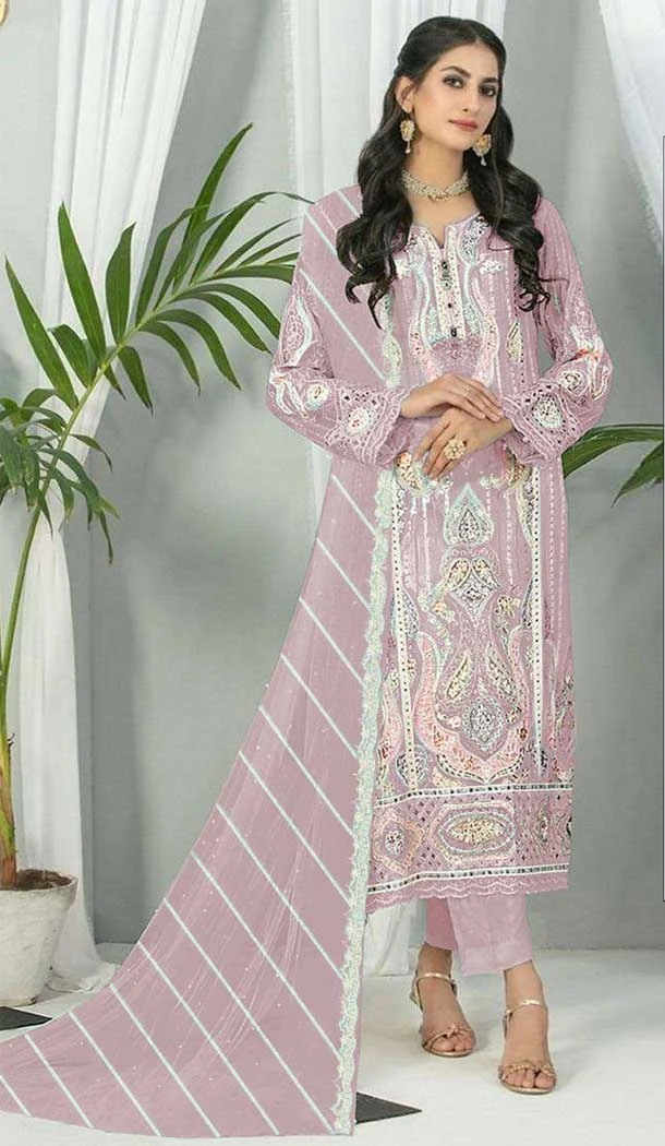 Fox Georgette Embroidered Pakistani Style Salwar Suit In Light Purple - 9429187226