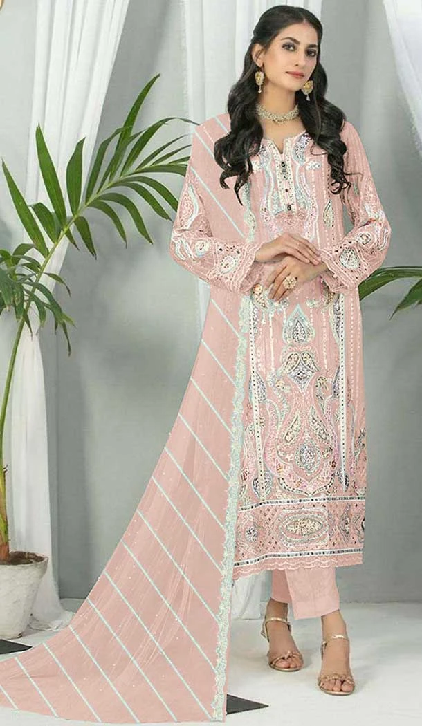 Fox Georgette Embroidered Pakistani Style Salwar Suit In Peach - 9429187228