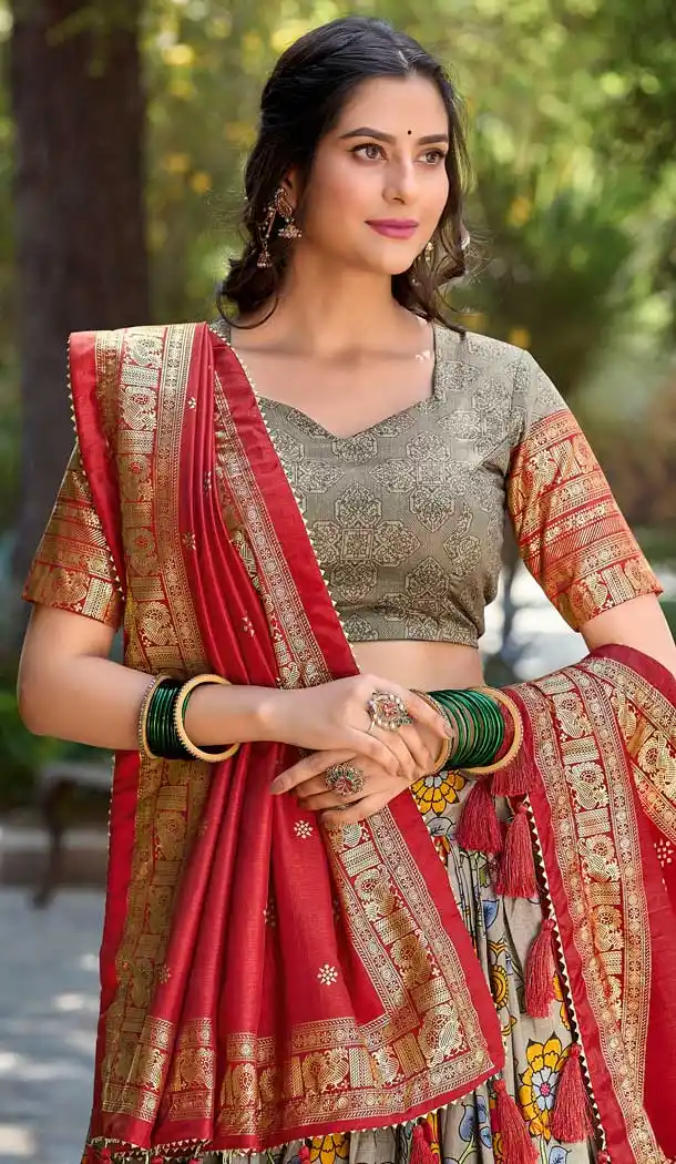 Grey Tussar Silk Foil Print Work Traditional Wear Lehenga Choli - 9445187296