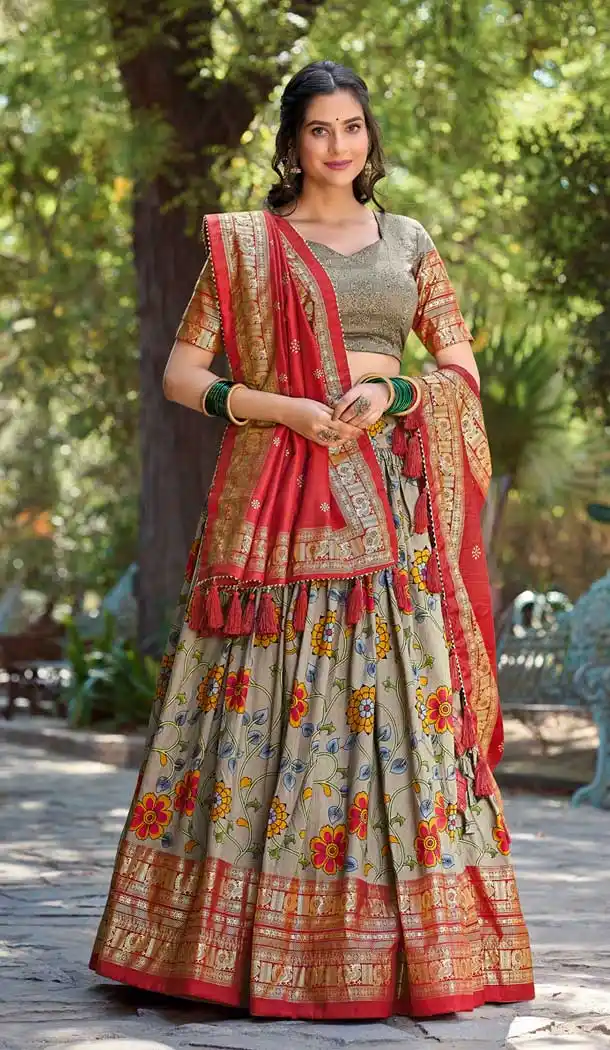 Grey Tussar Silk Foil Print Work Traditional Wear Lehenga Choli - 9445187296