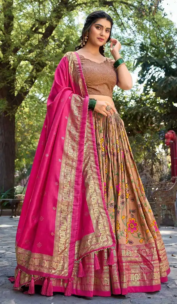 Mustard Tussar Silk Foil Print Work Traditional Wear Lehenga Choli - 9445187297