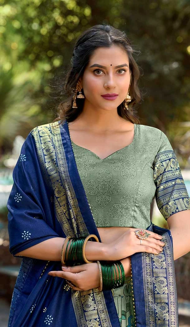 Sea Green Tussar Silk Foil Print Work Traditional Wear Lehenga Choli - 9445187299