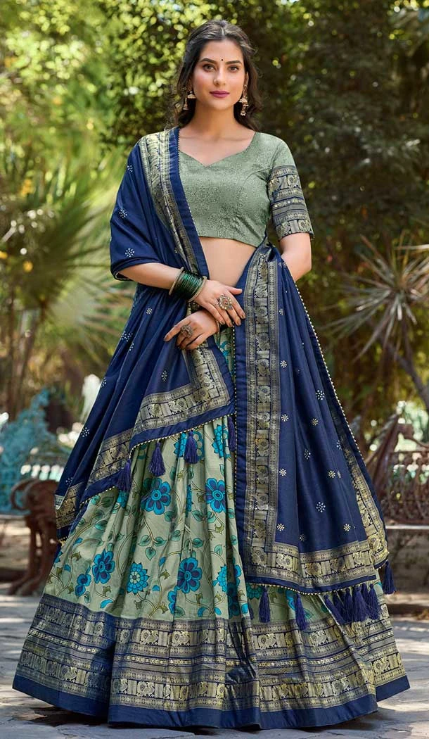Sea Green Tussar Silk Foil Print Work Traditional Wear Lehenga Choli - 9445187299