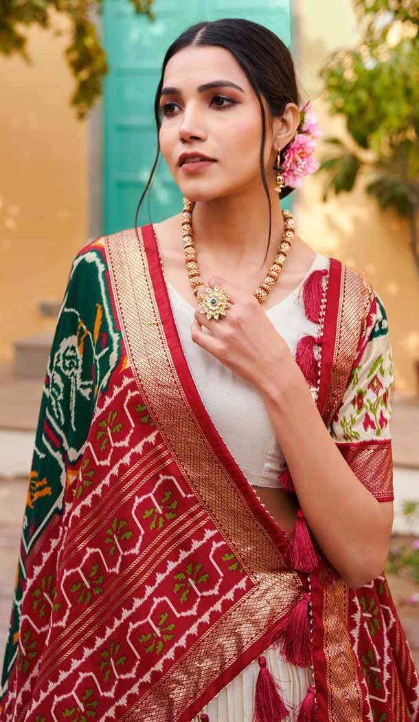 Green And White Tussar Silk Foil Print Work Navratri Chaniya Choli -9457187354
