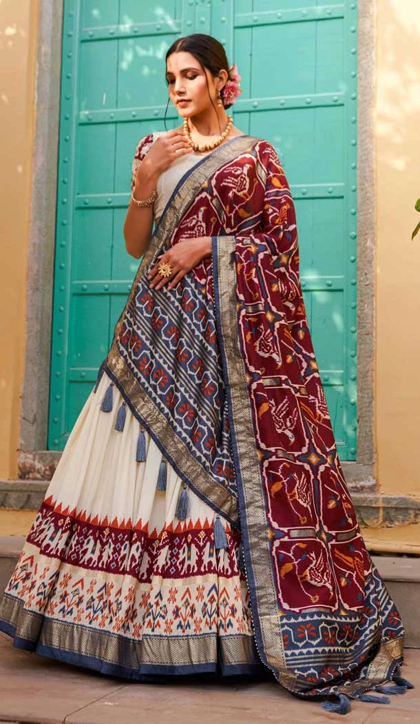 Maroon And White Tussar Silk Foil Print Work Navratri Chaniya Choli -9457187355