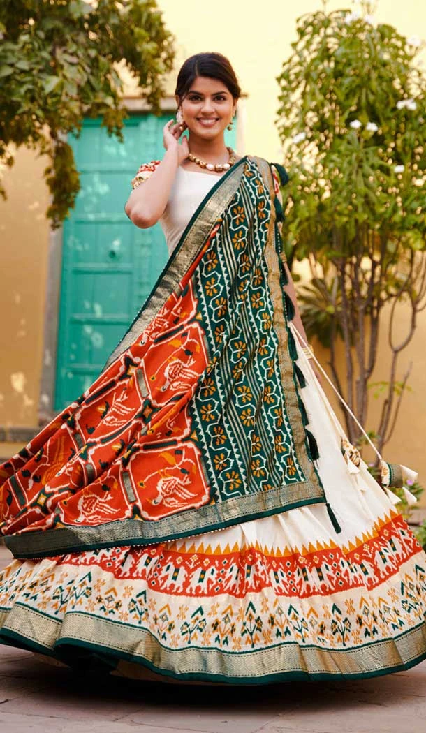 Orange And White Tussar Silk Foil Print Work Navratri Chaniya Choli -9457187356