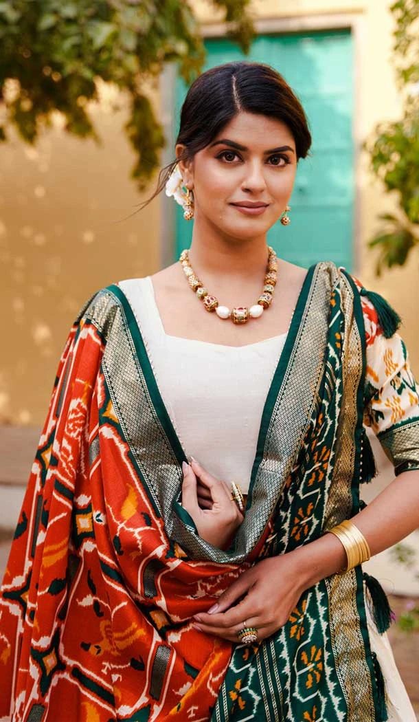 Orange And White Tussar Silk Foil Print Work Navratri Chaniya Choli -9457187356