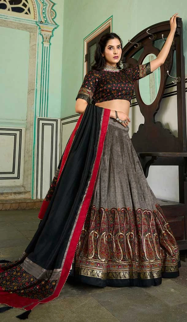Tussar Silk Foil Print Work Navratri Chaniya Choli In Grey - 9489187544