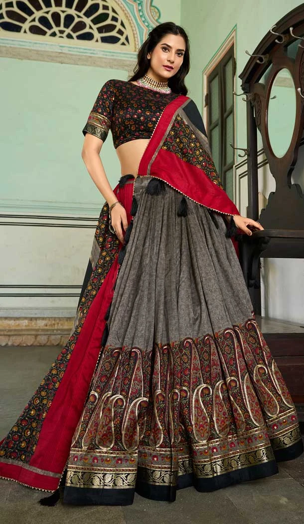 Tussar Silk Foil Print Work Navratri Chaniya Choli In Grey - 9489187544