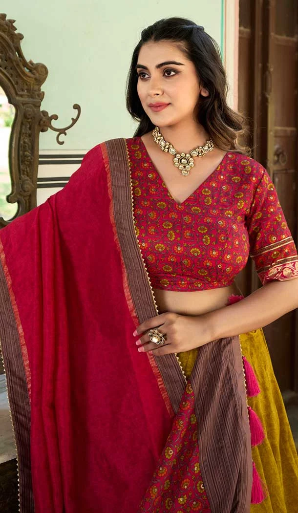 Tussar Silk Foil Print Work Navratri Chaniya Choli In Mustard - 9489187545