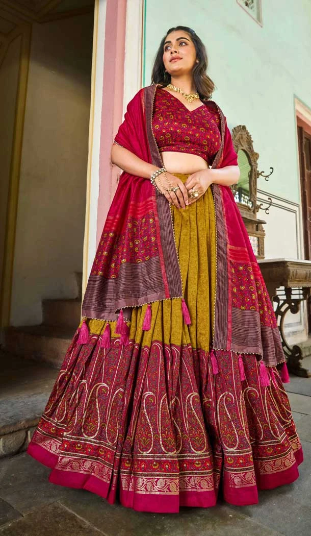 Tussar Silk Foil Print Work Navratri Chaniya Choli In Mustard - 9489187545