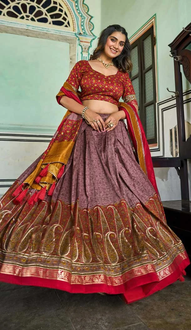 Tussar Silk Foil Print Work Navratri Chaniya Choli In Onion Pink- 9489187546
