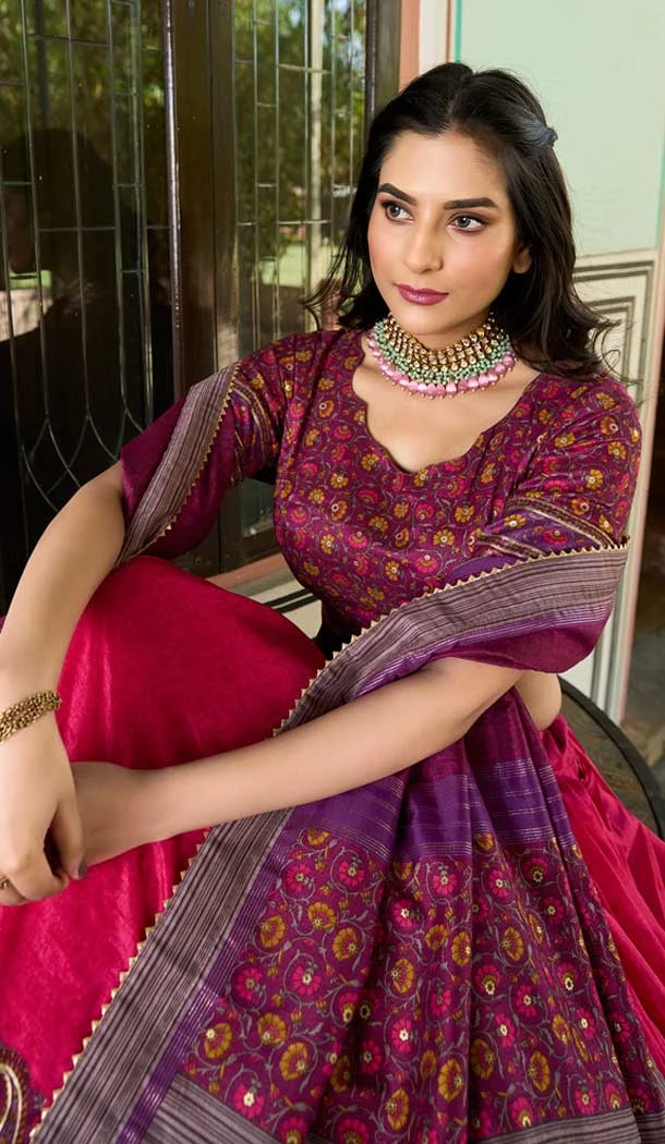 Tussar Silk Foil Print Work Navratri Chaniya Choli In Pink - 9489187547