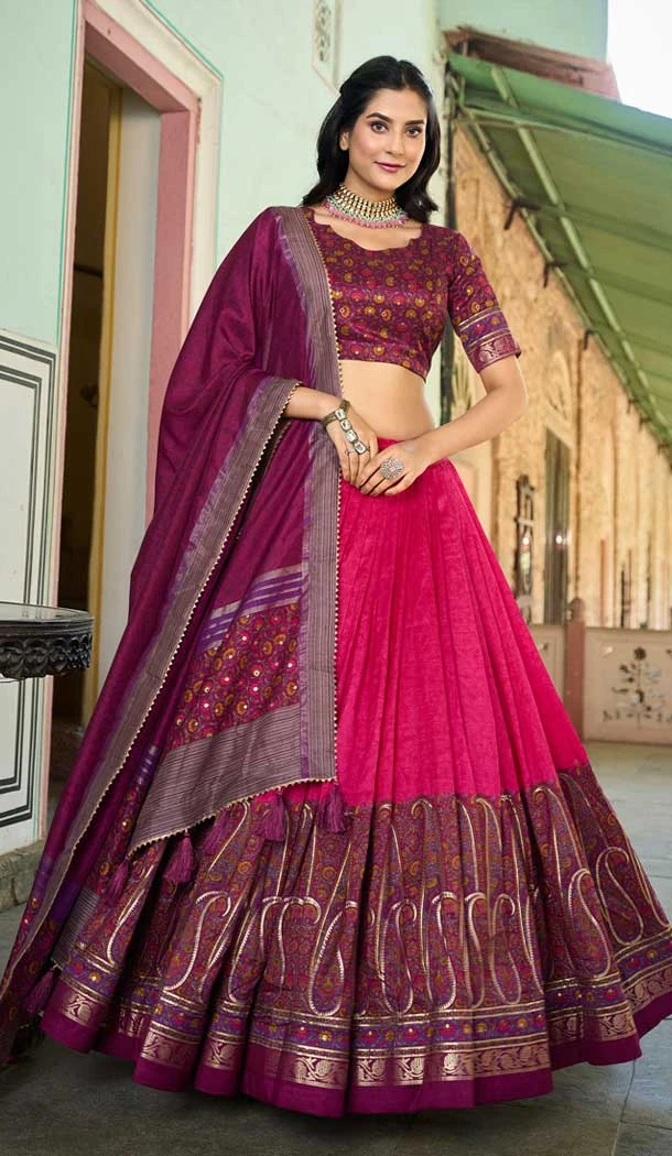 Tussar Silk Foil Print Work Navratri Chaniya Choli In Pink - 9489187547