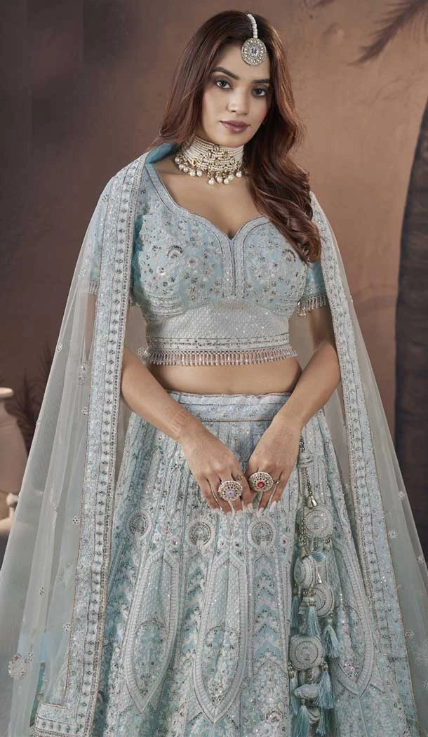 Sky Blue Premium Net Sequins Work Wedding Wear Lehenga Choli - 9496187607
