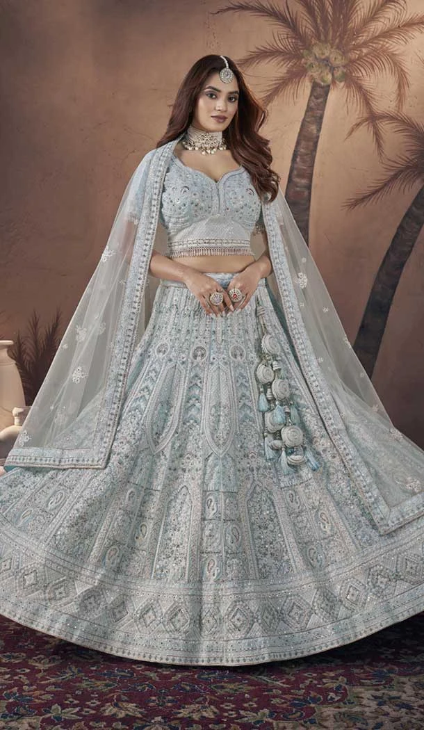 Sky Blue Premium Net Sequins Work Wedding Wear Lehenga Choli - 9496187607
