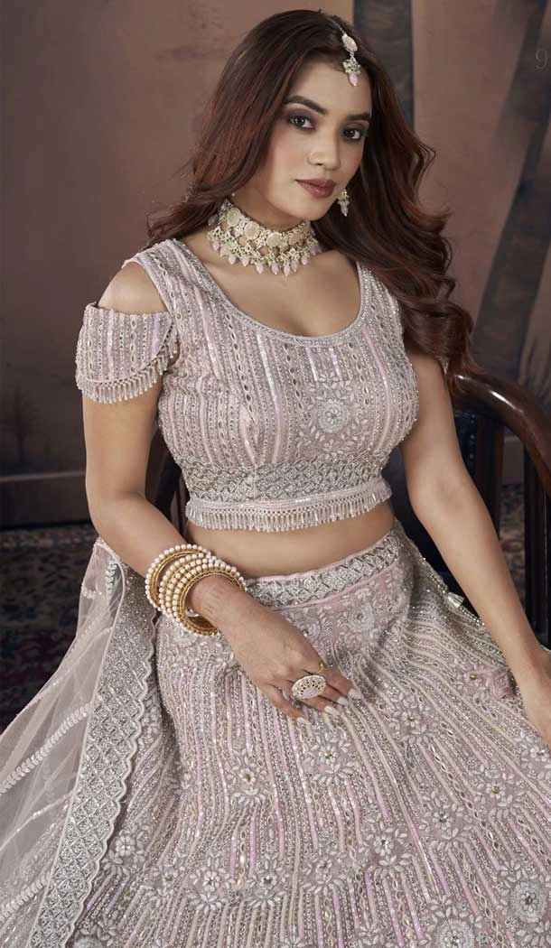 Baby Pink Premium Net Sequins Work Wedding Wear Lehenga Choli - 9496187608