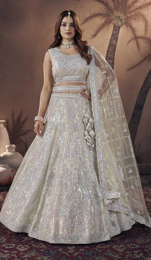 Premium Net Sequins Work Wedding Wear Lehenga Choli Off White - 9496187609
