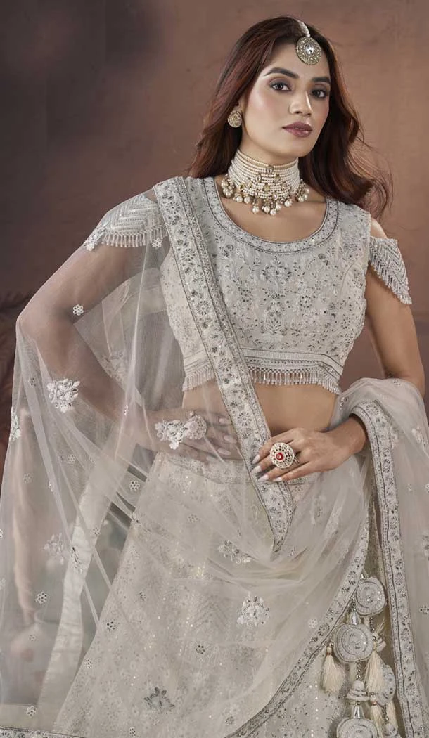 Premium Net Off White Sequins Work Wedding Wear Lehenga Choli - 9496187610