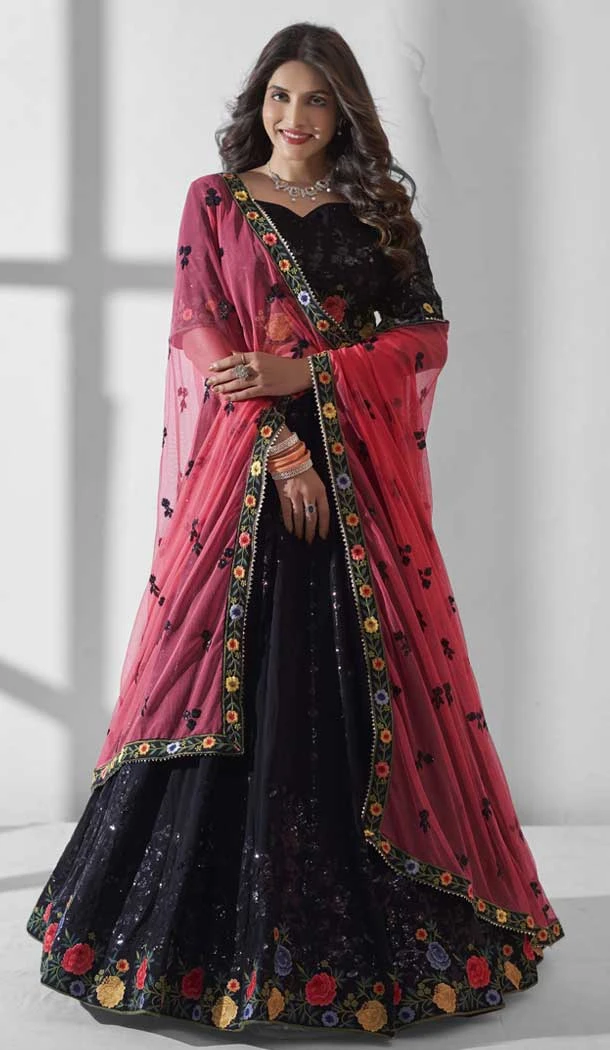 Black Georgette Embroidery Work Designer Wear Lehenga Choli  - 9498187613