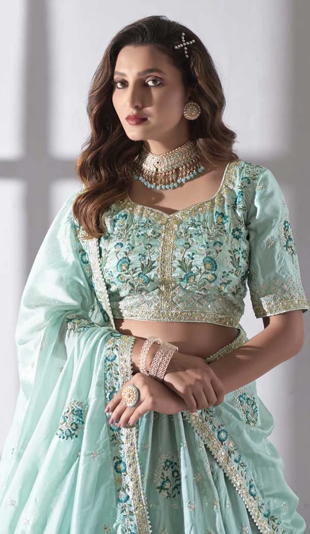 Sky Blue Organza Embroidery Work Designer Wear Lehenga Choli  - 9498187614