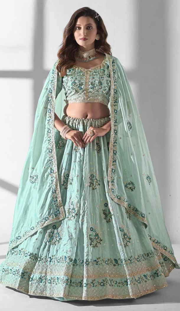 Sky Blue Organza Embroidery Work Designer Wear Lehenga Choli  - 9498187614