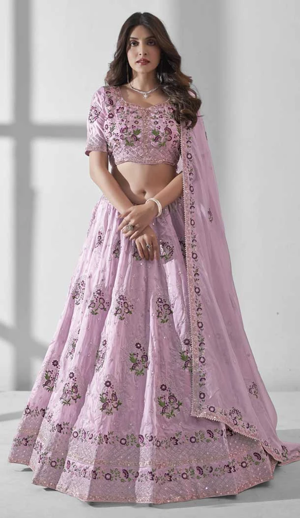 Baby Pink Organza Embroidery Work Designer Wear Lehenga Choli  - 9498187616