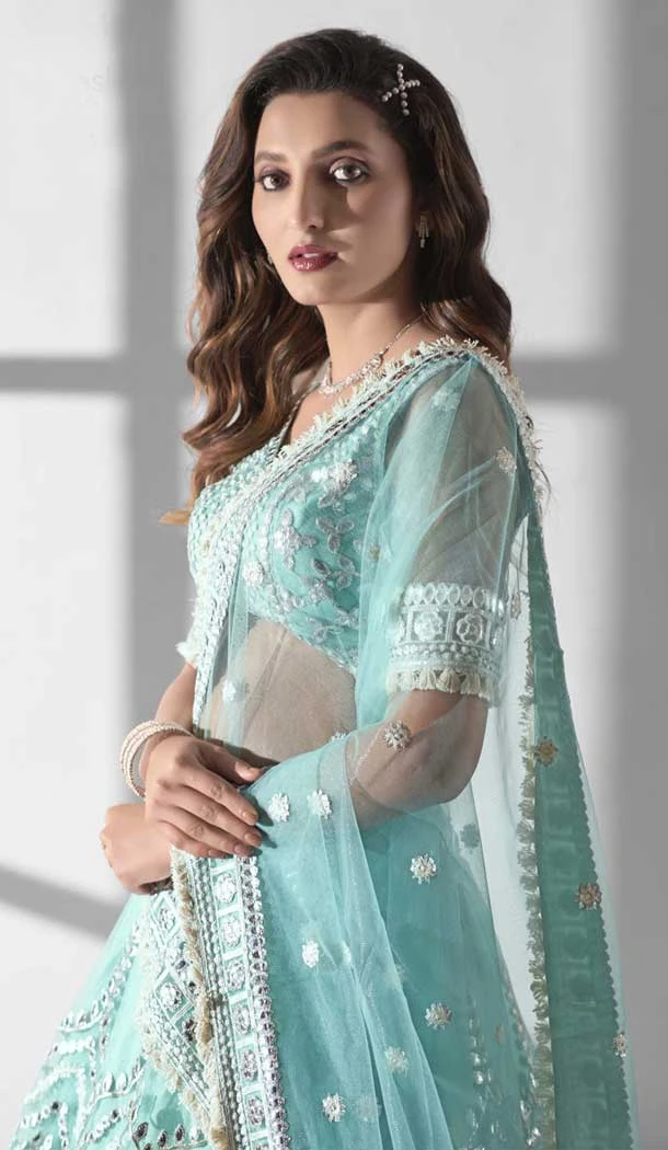 Sky Blue Net Embroidery Work Designer Wear Lehenga Choli  - 9498187617